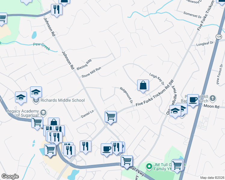map of restaurants, bars, coffee shops, grocery stores, and more near 365 Ridgemont Drive in Lawrenceville
