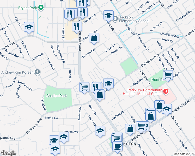 map of restaurants, bars, coffee shops, grocery stores, and more near 9391 California Avenue in Riverside
