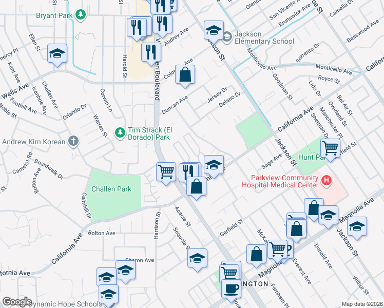 map of restaurants, bars, coffee shops, grocery stores, and more near 9391 California Avenue in Riverside