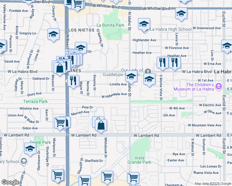 map of restaurants, bars, coffee shops, grocery stores, and more near 1420 Lorella Avenue in La Habra
