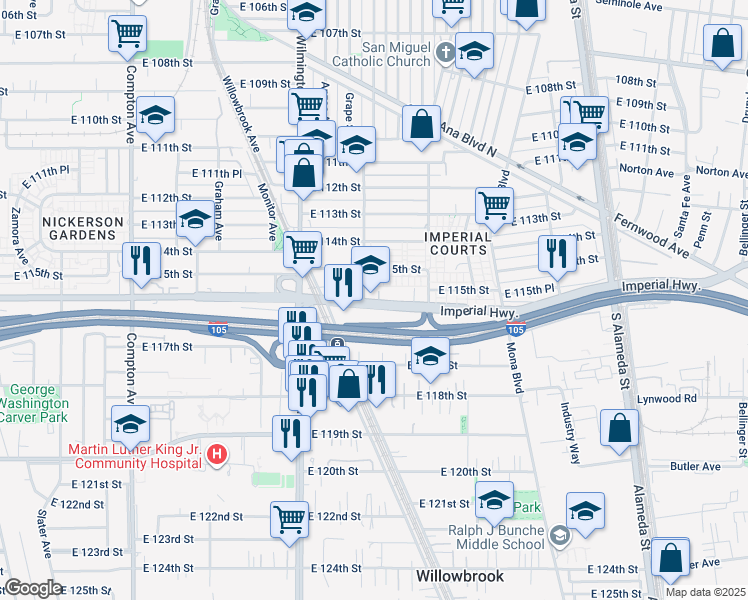 map of restaurants, bars, coffee shops, grocery stores, and more near 11510 Grape Street in Los Angeles