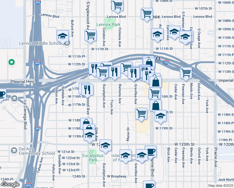 map of restaurants, bars, coffee shops, grocery stores, and more near 11500 Truro Avenue in Hawthorne