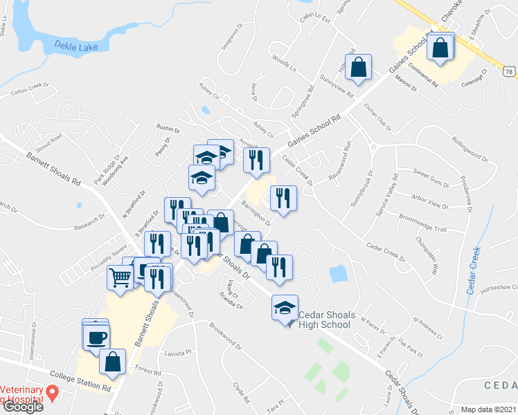 map of restaurants, bars, coffee shops, grocery stores, and more near 105 Barrington Drive in Athens