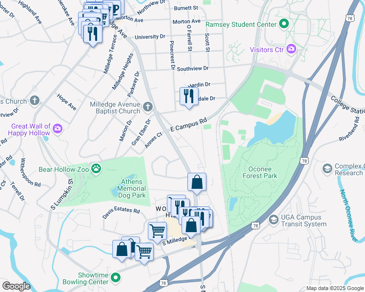 map of restaurants, bars, coffee shops, grocery stores, and more near 1664 Milledge Avenue Extension in Athens