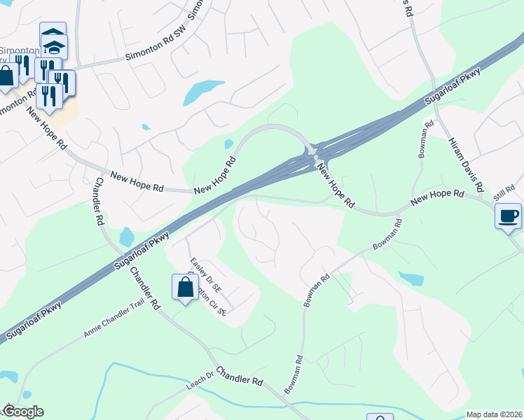 map of restaurants, bars, coffee shops, grocery stores, and more near 1248 Avington Glen Drive Southeast in Lawrenceville