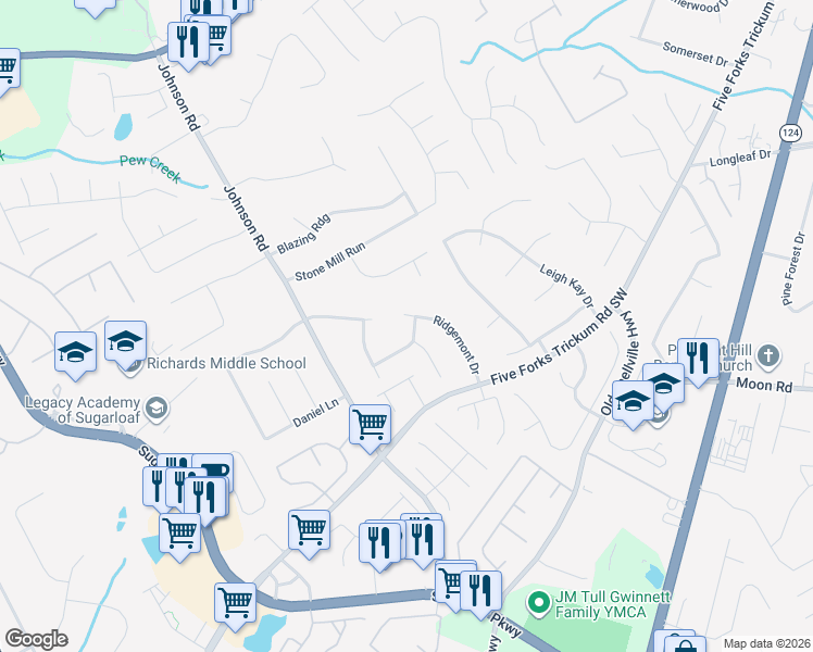 map of restaurants, bars, coffee shops, grocery stores, and more near 365 Ridgemont Drive in Lawrenceville