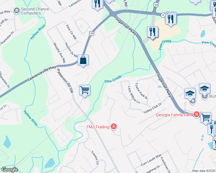 map of restaurants, bars, coffee shops, grocery stores, and more near 180 Lazy Willow Lane in Lawrenceville