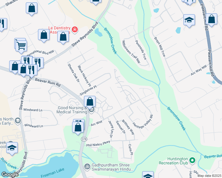 map of restaurants, bars, coffee shops, grocery stores, and more near 1331 Sweet Pine Drive in Norcross