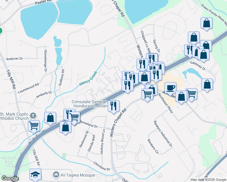 map of restaurants, bars, coffee shops, grocery stores, and more near 6800 Peachtree Industrial Boulevard in Dunwoody