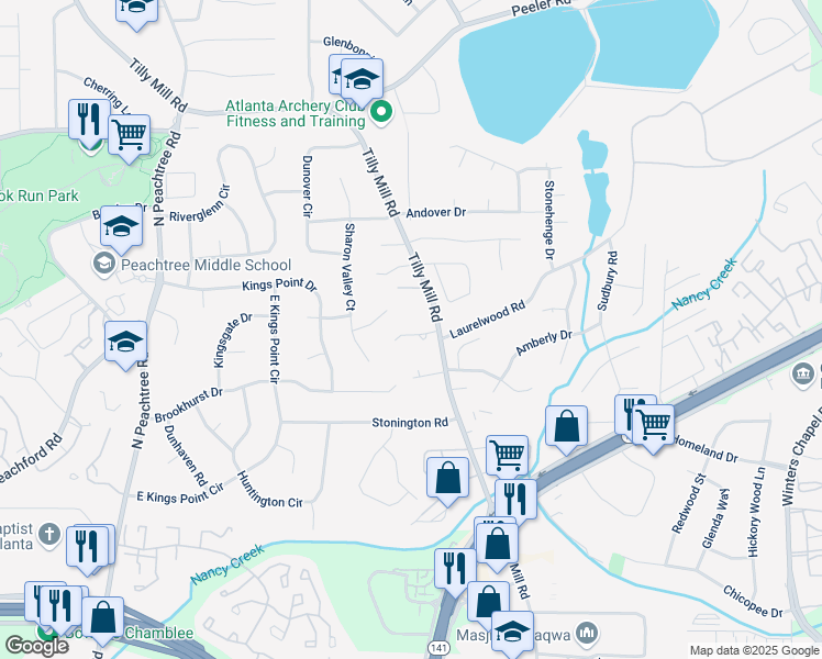 map of restaurants, bars, coffee shops, grocery stores, and more near 2505 Old Orchard Court in Dunwoody