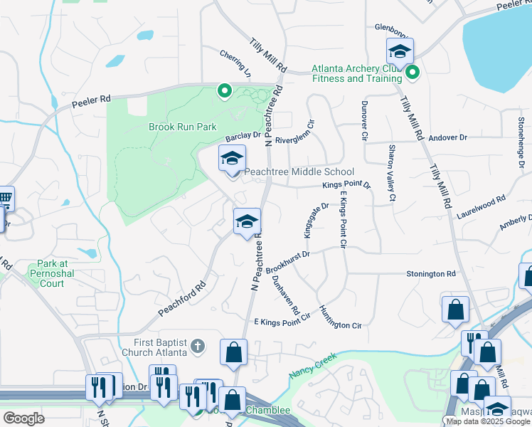 map of restaurants, bars, coffee shops, grocery stores, and more near 4617 North Peachtree Road in Dunwoody