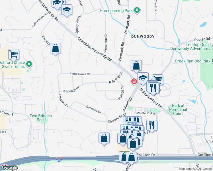 map of restaurants, bars, coffee shops, grocery stores, and more near 1699 North Springs Drive in Dunwoody
