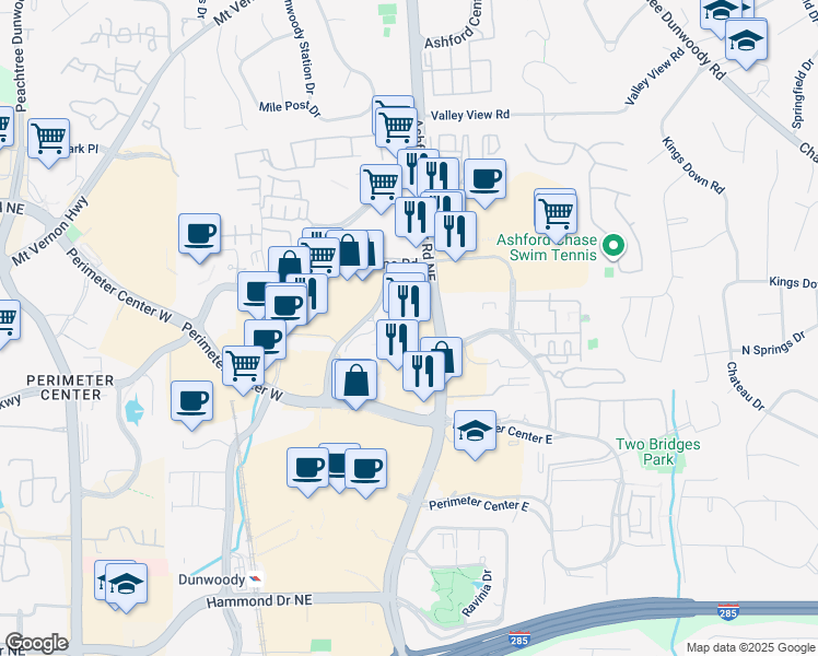 map of restaurants, bars, coffee shops, grocery stores, and more near 400 Perimeter Center Place in Dunwoody