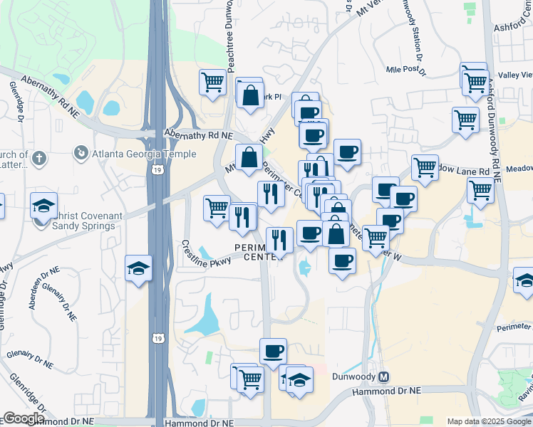 map of restaurants, bars, coffee shops, grocery stores, and more near 1155 Perimeter Center West in Sandy Springs