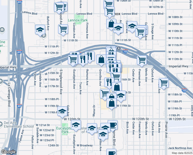 map of restaurants, bars, coffee shops, grocery stores, and more near 4527 West 116th Street in Hawthorne