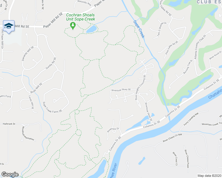 map of restaurants, bars, coffee shops, grocery stores, and more near 3980 Riverlook Parkway Southeast in Marietta