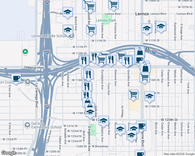 map of restaurants, bars, coffee shops, grocery stores, and more near 11534 Gale Avenue in Hawthorne