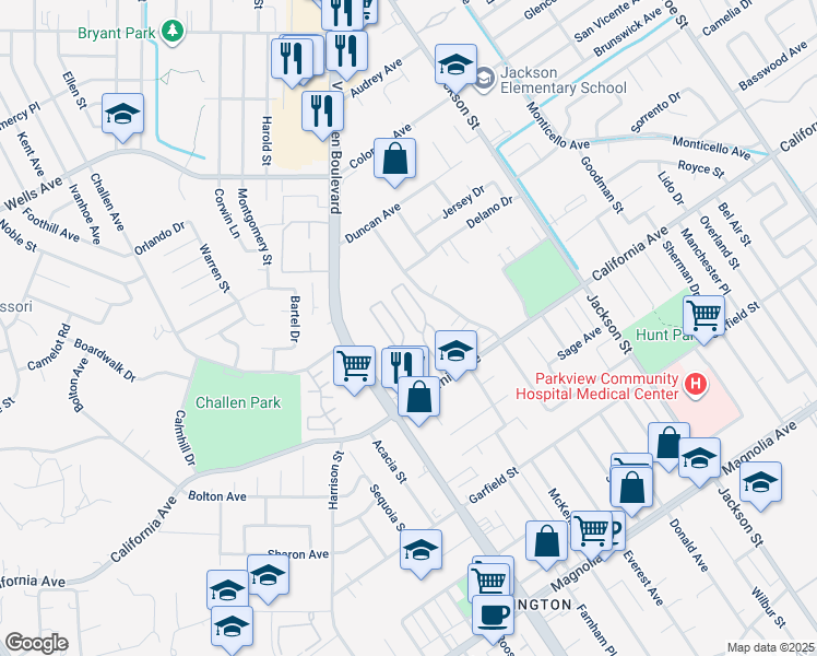 map of restaurants, bars, coffee shops, grocery stores, and more near 9391 California Avenue in Riverside