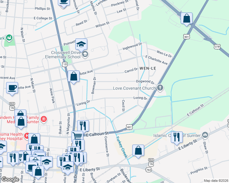 map of restaurants, bars, coffee shops, grocery stores, and more near 427 Robney Drive in Sumter