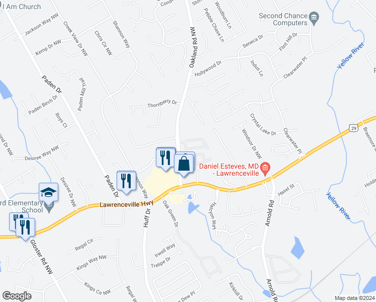 map of restaurants, bars, coffee shops, grocery stores, and more near 2200 Oakland Grove Place in Lawrenceville