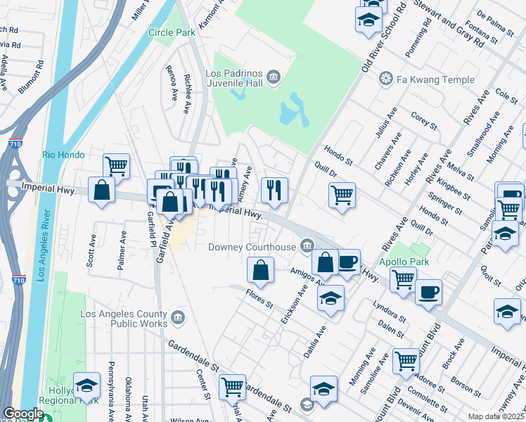 map of restaurants, bars, coffee shops, grocery stores, and more near 5950 Imperial Highway in South Gate