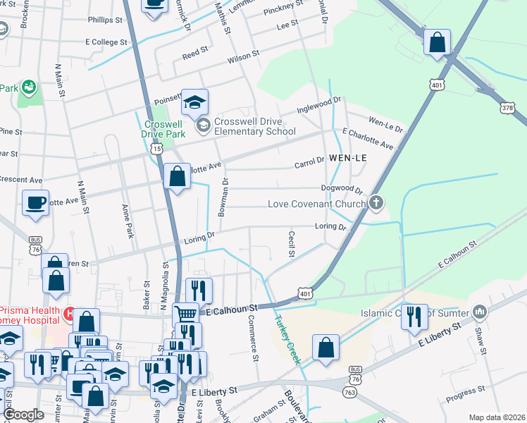 map of restaurants, bars, coffee shops, grocery stores, and more near 427 Robney Drive in Sumter