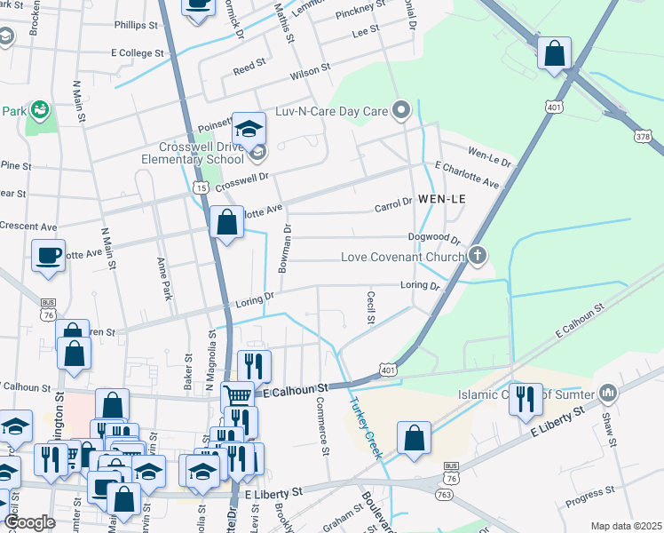 map of restaurants, bars, coffee shops, grocery stores, and more near 427 Robney Drive in Sumter