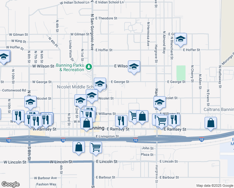 map of restaurants, bars, coffee shops, grocery stores, and more near 450 Martin Street in Banning