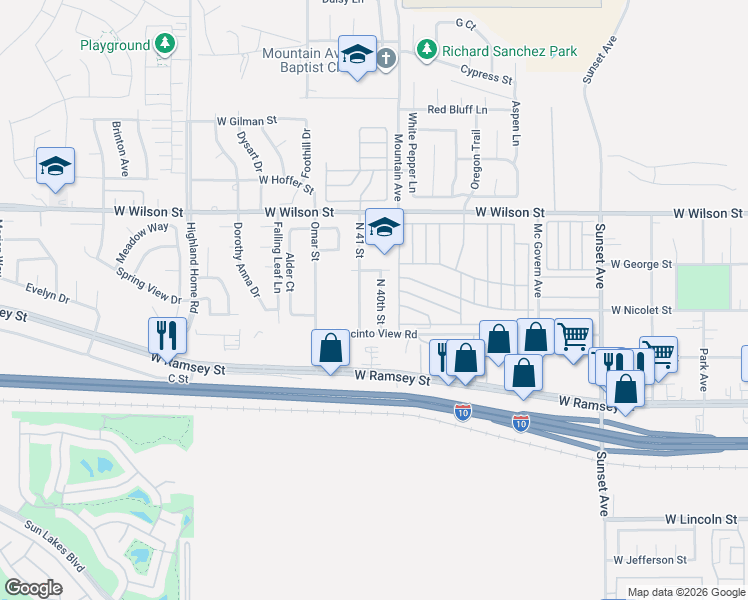 map of restaurants, bars, coffee shops, grocery stores, and more near 445 North 40th Street in Banning