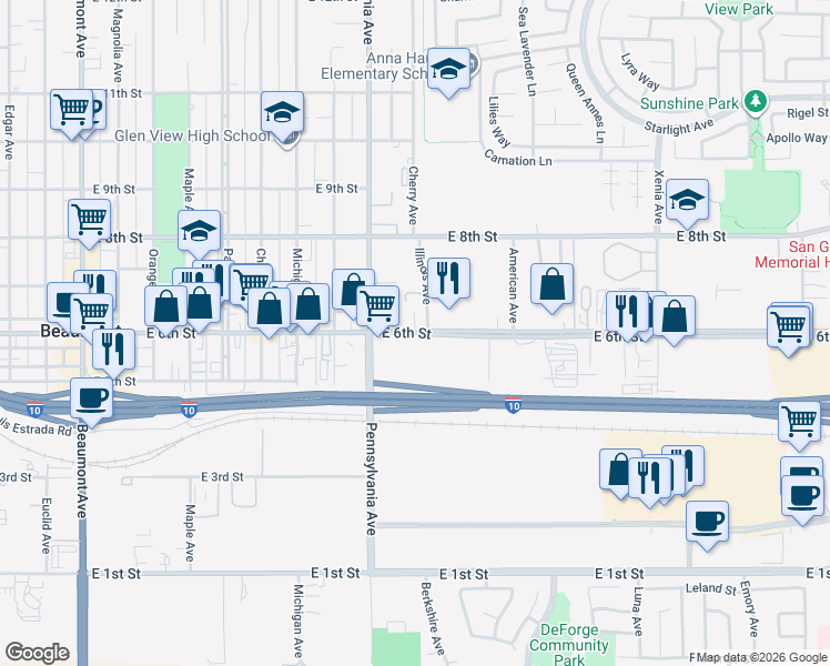 map of restaurants, bars, coffee shops, grocery stores, and more near 1257 East 6th Street in Beaumont