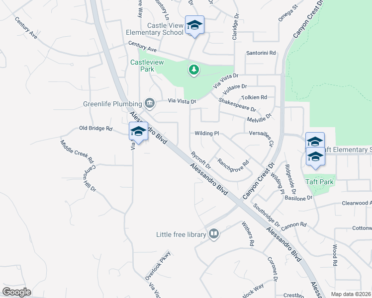 map of restaurants, bars, coffee shops, grocery stores, and more near 6718 Rycroft Drive in Riverside
