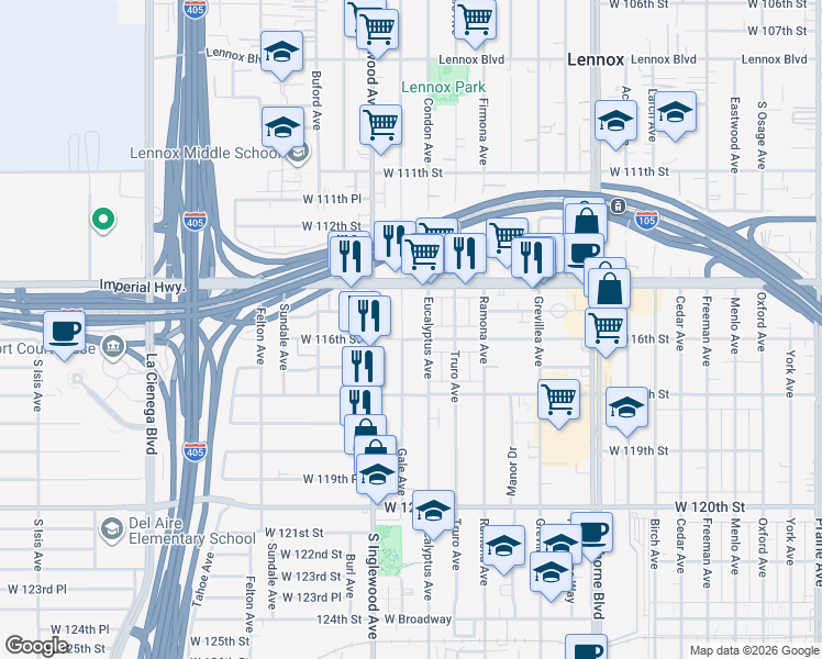 map of restaurants, bars, coffee shops, grocery stores, and more near 11534 Gale Avenue in Hawthorne