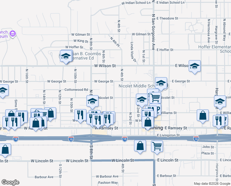 map of restaurants, bars, coffee shops, grocery stores, and more near 456 North 5th Street in Banning