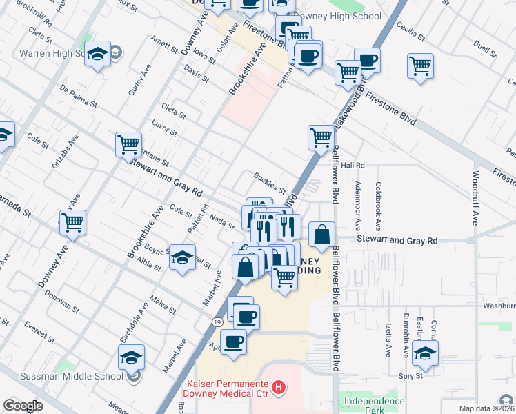 map of restaurants, bars, coffee shops, grocery stores, and more near 11824 Tristan Drive in Downey