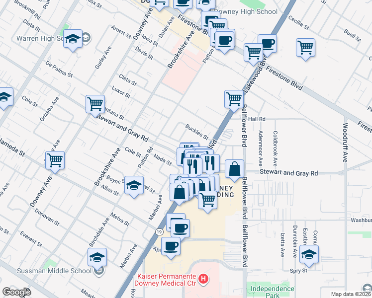 map of restaurants, bars, coffee shops, grocery stores, and more near 8712 Fontana Street in Downey