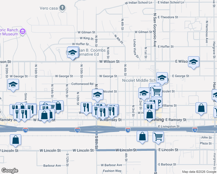 map of restaurants, bars, coffee shops, grocery stores, and more near 504 North 6th Street in Banning