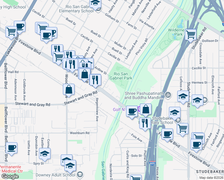 map of restaurants, bars, coffee shops, grocery stores, and more near 9655 Firestone Boulevard in Downey