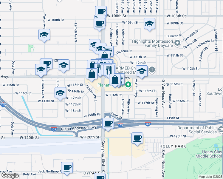 map of restaurants, bars, coffee shops, grocery stores, and more near 2864 West Imperial Highway in Inglewood