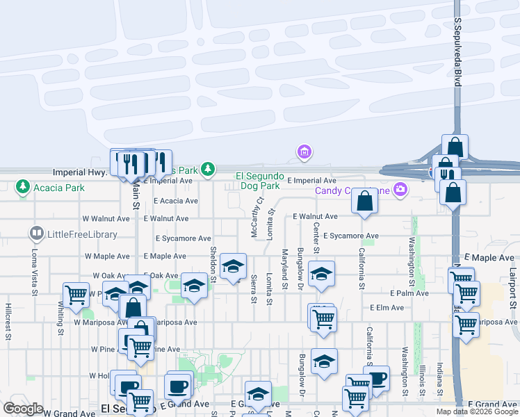 map of restaurants, bars, coffee shops, grocery stores, and more near 912 McCarthy Court in El Segundo