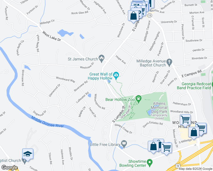 map of restaurants, bars, coffee shops, grocery stores, and more near 145 Old Princeton Road in Athens