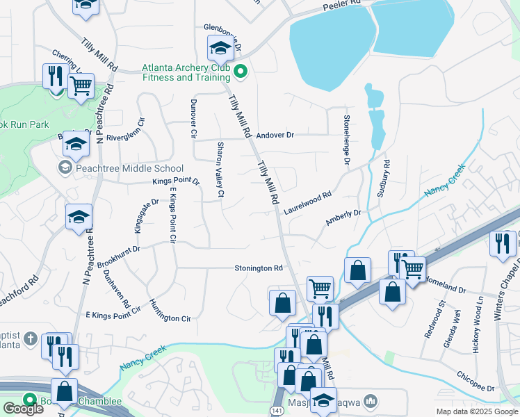 map of restaurants, bars, coffee shops, grocery stores, and more near 2505 Old Orchard Court in Dunwoody