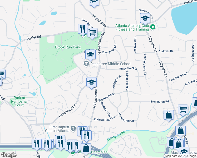 map of restaurants, bars, coffee shops, grocery stores, and more near 4617 North Peachtree Road in Dunwoody