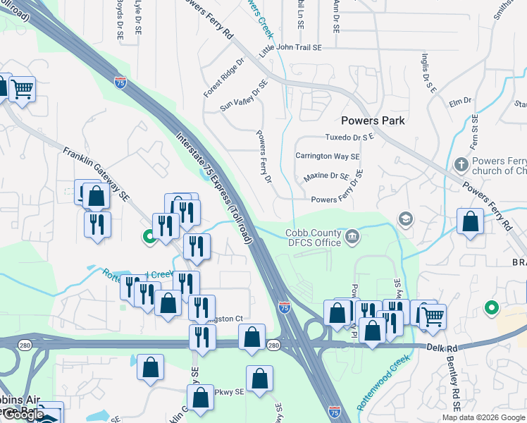 map of restaurants, bars, coffee shops, grocery stores, and more near 946 Forest Ridge Drive in Marietta