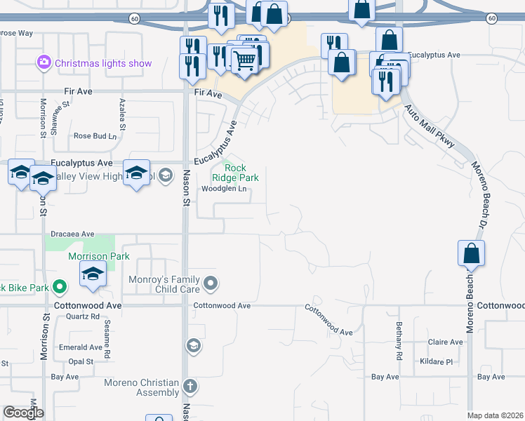 map of restaurants, bars, coffee shops, grocery stores, and more near 13163 Wild Sage Lane in Moreno Valley