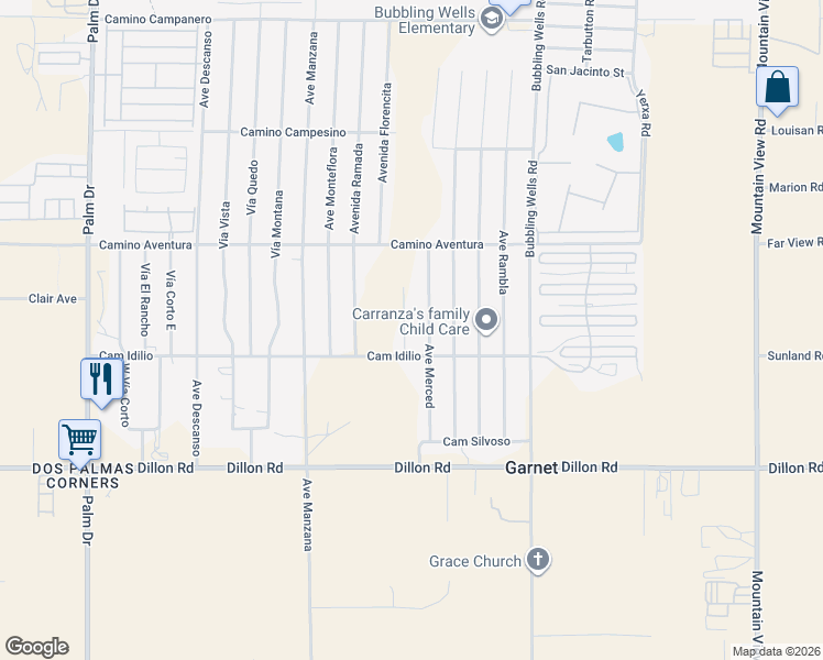 map of restaurants, bars, coffee shops, grocery stores, and more near 16370 Avenue Gracia in Desert Hot Springs