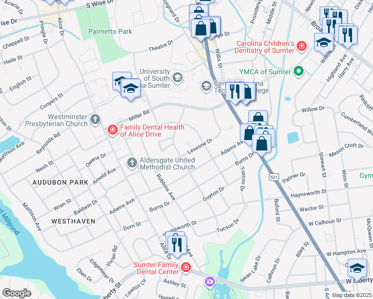 map of restaurants, bars, coffee shops, grocery stores, and more near 2 Pickens Court in Sumter
