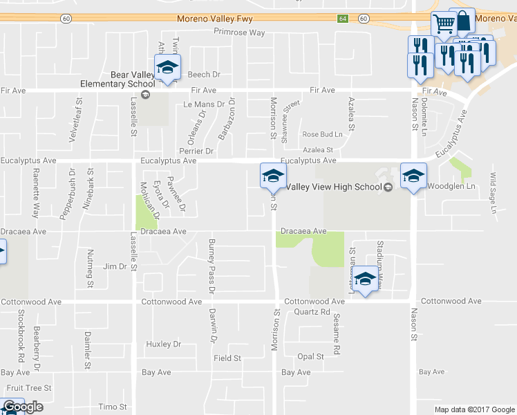 map of restaurants, bars, coffee shops, grocery stores, and more near 26450 Bodega Court in Moreno Valley