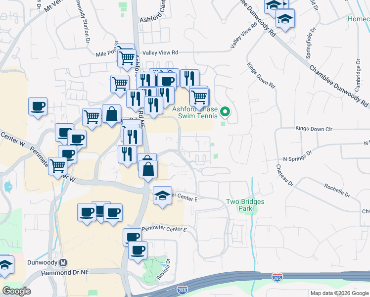 map of restaurants, bars, coffee shops, grocery stores, and more near 9127 Madison Drive in Dunwoody