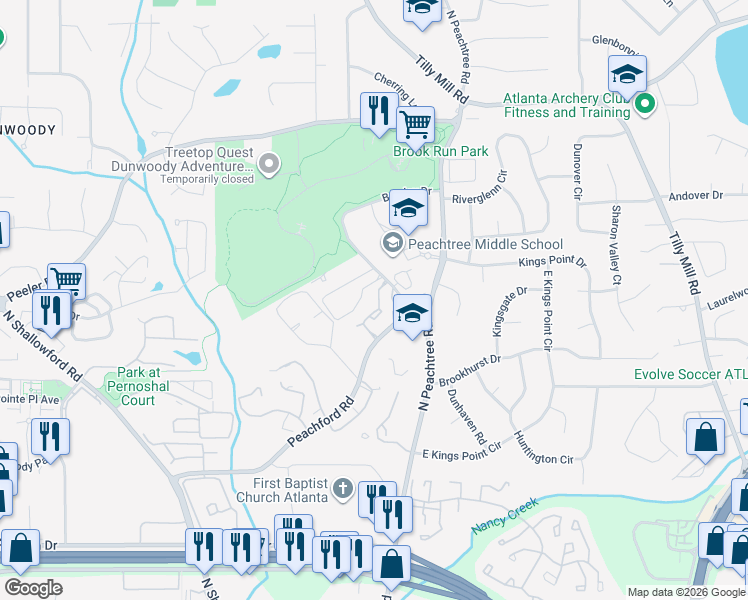 map of restaurants, bars, coffee shops, grocery stores, and more near 2300 Peachford Road in Dunwoody
