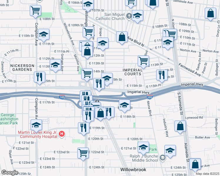 map of restaurants, bars, coffee shops, grocery stores, and more near 11510 Grape Street in Los Angeles